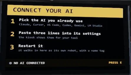 A real crop of the Connect Your AI kiosk in the SandboxVille Lobby, listing three steps: pick the AI you already use, paste three lines into its settings, restart it.