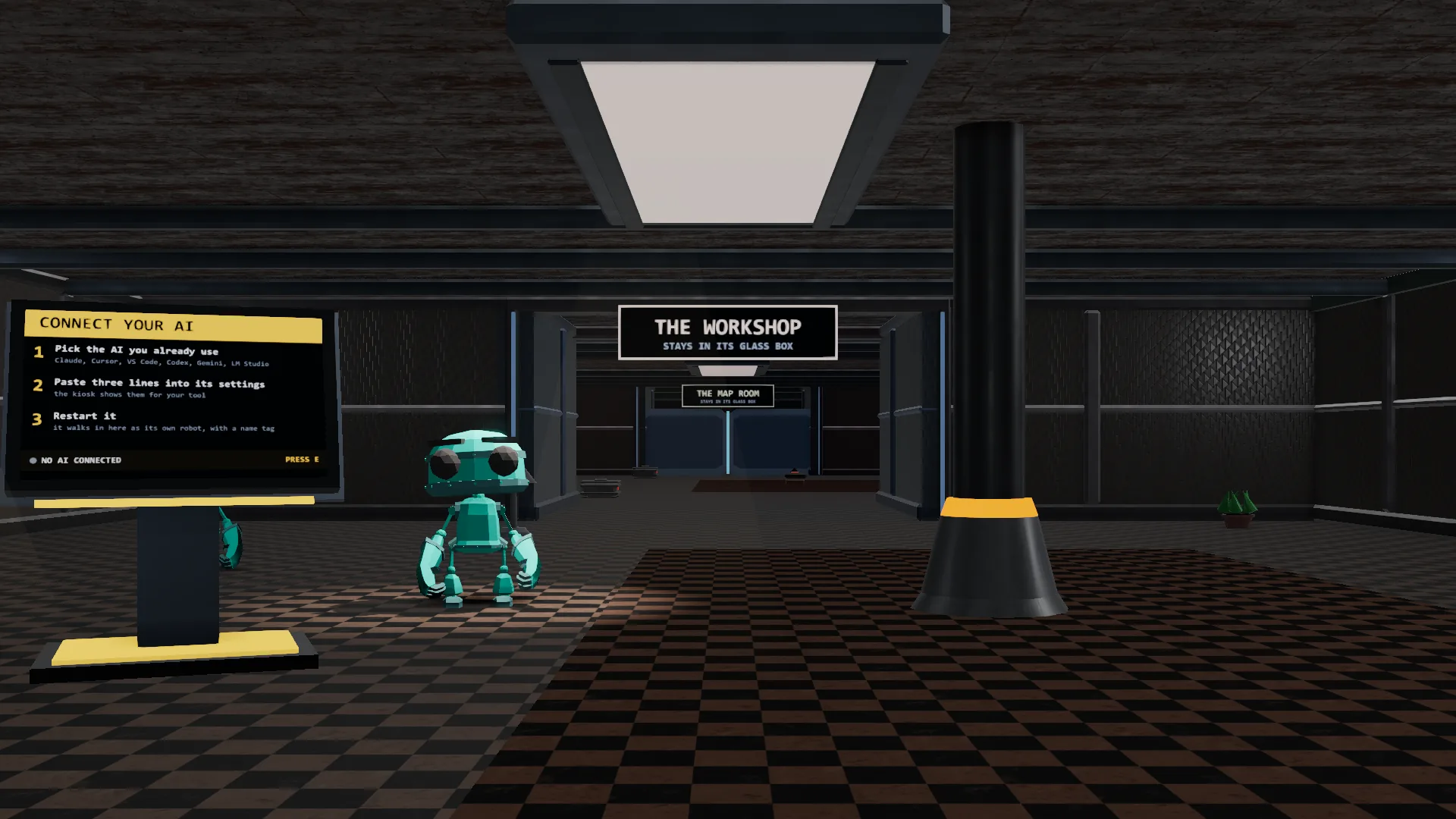 A real screenshot of the SandboxVille Lobby, with a Connect Your AI kiosk and a small robot.