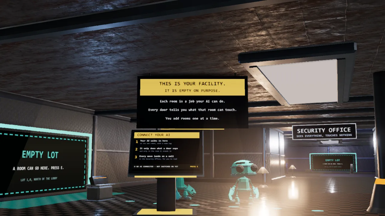 A real screenshot from SandboxVille: the Lobby, the base game in development, with its big welcome sign.