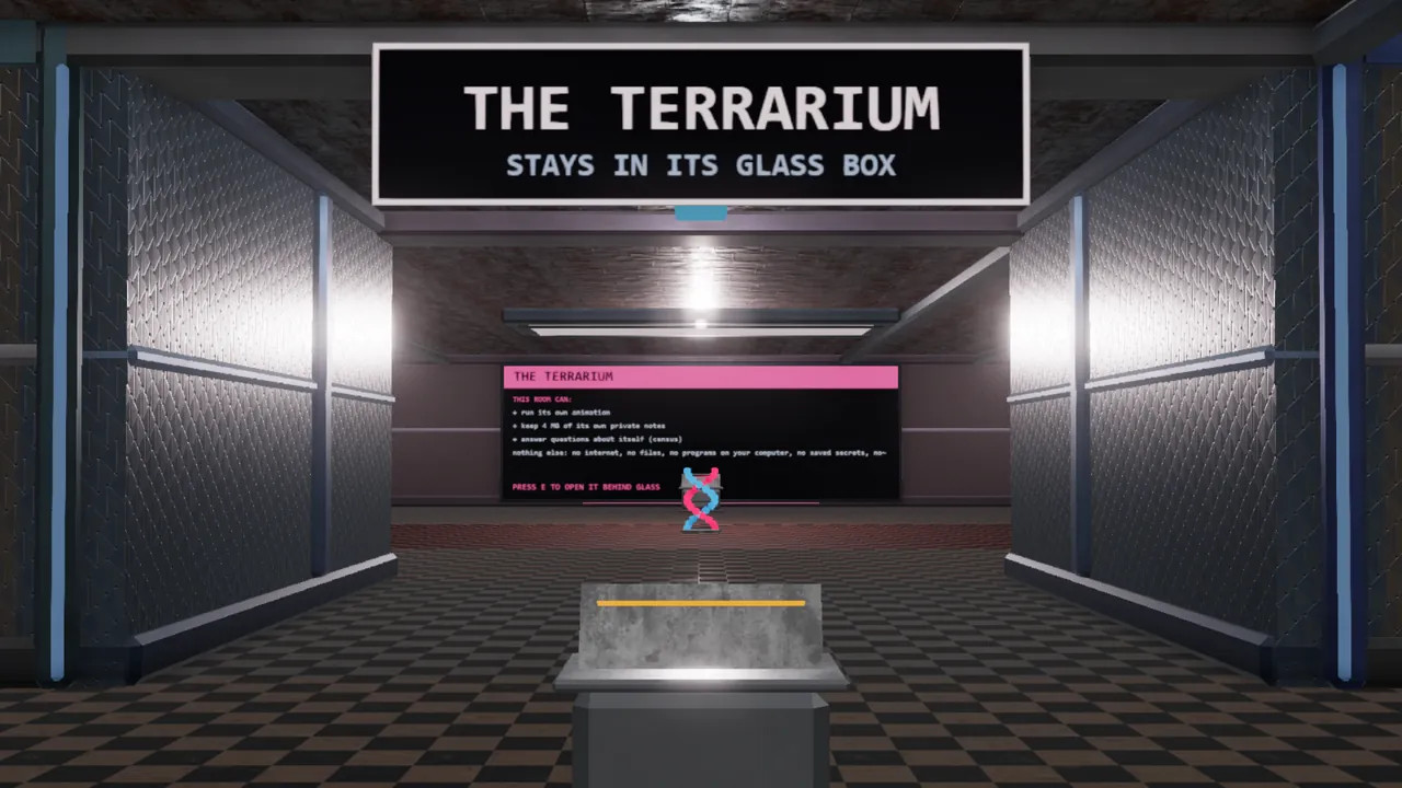 A real screenshot from SandboxVille: the Terrarium seen from its doorway, with its door sign.