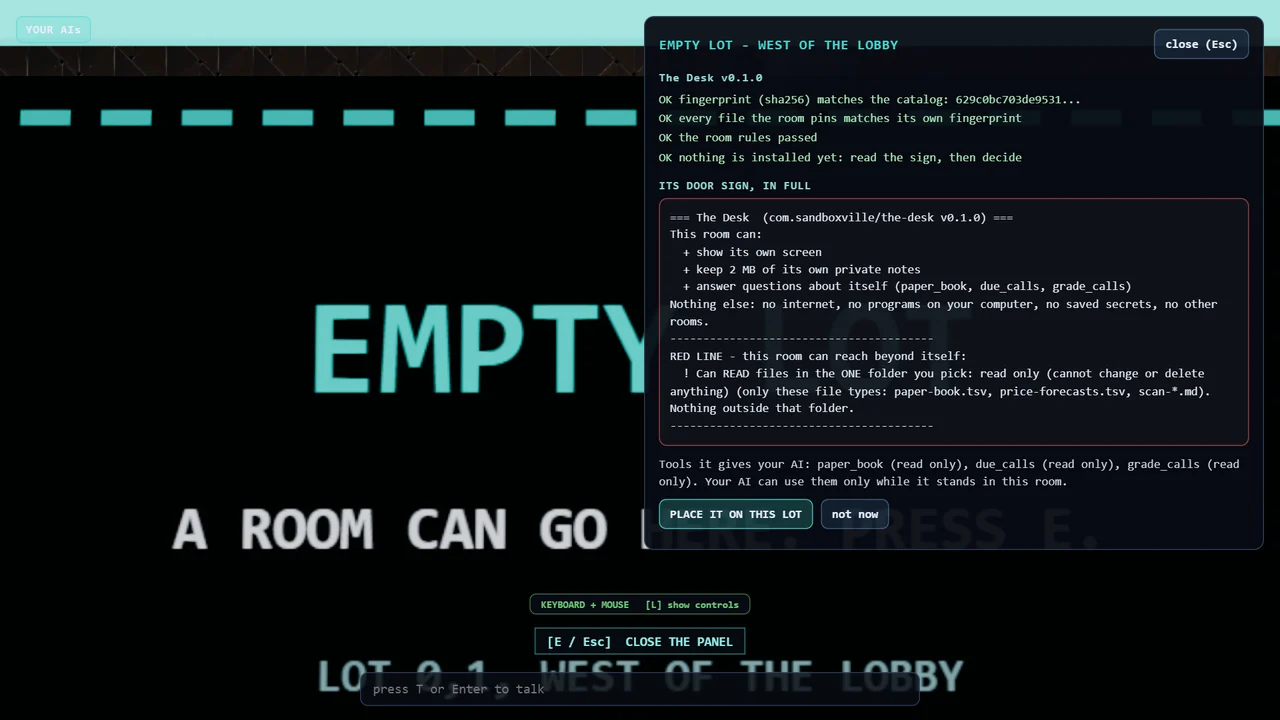 A real screenshot from SandboxVille: The Desk's full door sign, shown after its fingerprint check and before you place the room.