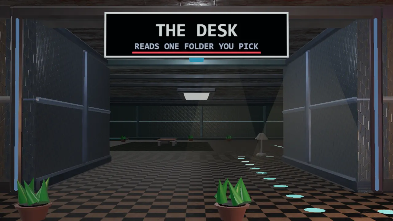 A real screenshot from SandboxVille: the Desk seen from its doorway, with its door sign.