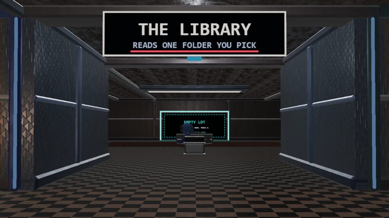 A real screenshot from SandboxVille: the Library seen from its doorway, with its door sign.