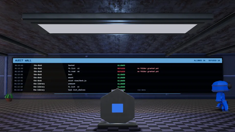 A real screenshot of the Security Office wall in SandboxVille, with allowed lines and one refused line in red.