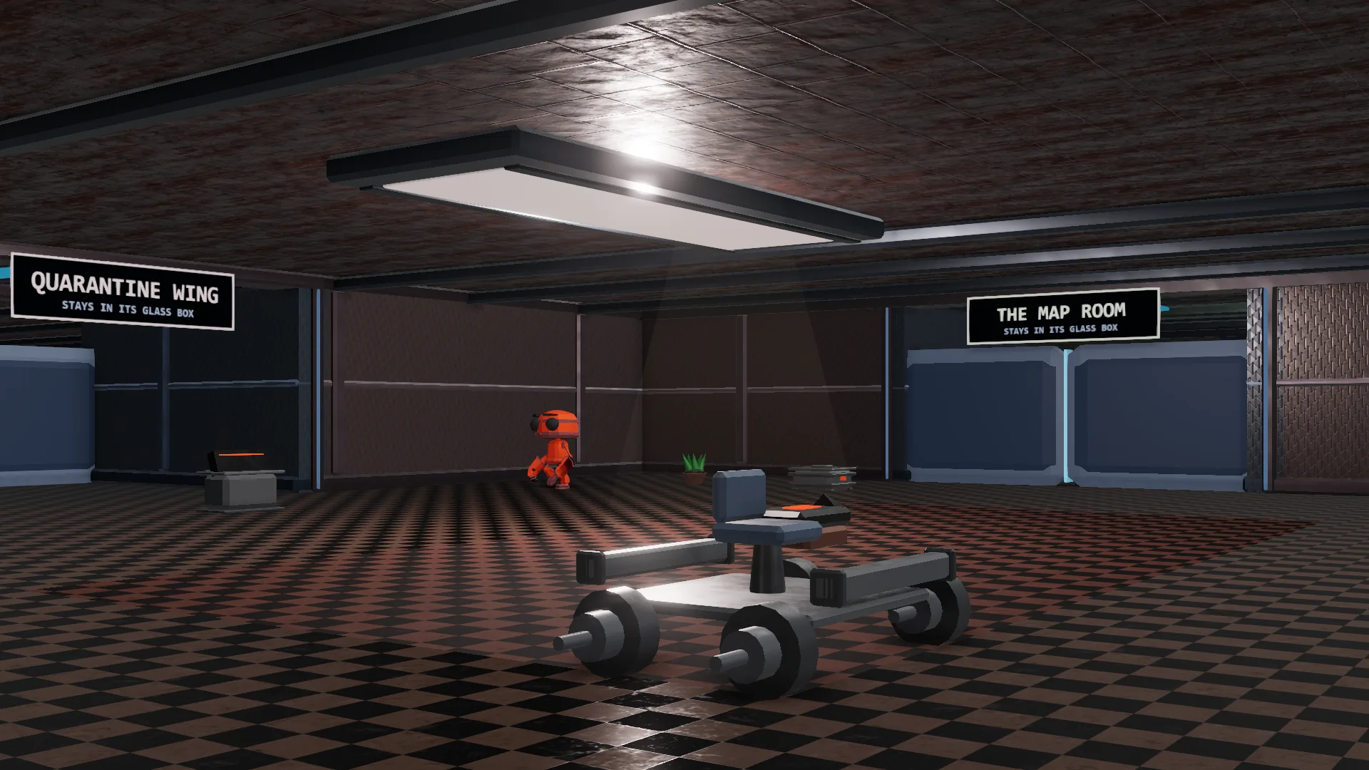 A real screenshot of The Workshop hallway in SandboxVille, with a small robot, a rover built inside the room, and signs down the hall for the Quarantine Wing and The Map Room.